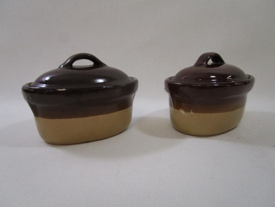 Two Small Stoneware Pottery Crocks with Tops, approx 6.5 inches Long
