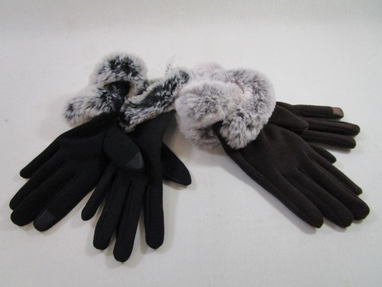 Two Pair Of Women's Gloves with Cell Phone Pad Finger and Thumb, Faux Fur Trim, Brown and Black,