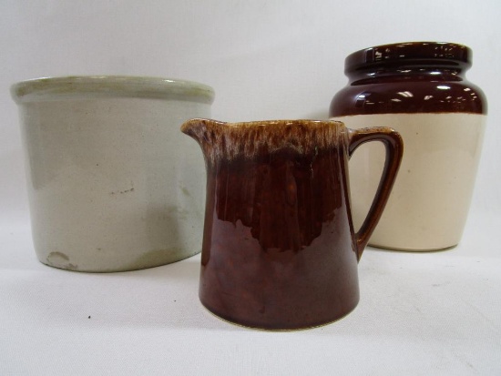 Three Stoneware Pottery pieces Includes McCoy USA Crock #178, 5 inch Pitcher and Unmarked Crock