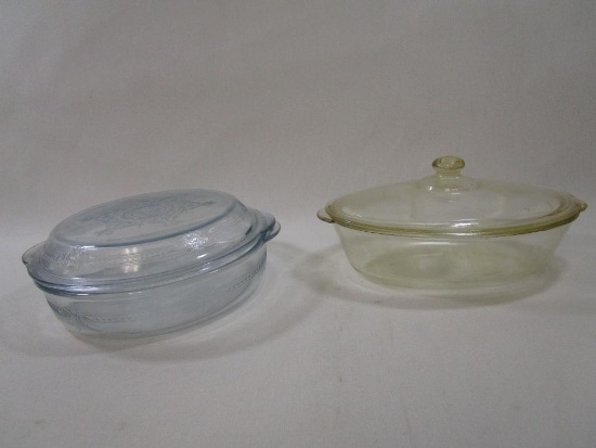 Two Baking Dishes includes Fire-King Philbe Sapphire Blue Round Roaster with Cover, Glasbake Oval