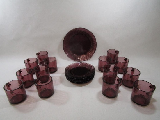 Purple Swirl Glass Plates, Salad Plates and Cups, Marked Mexico 35, Contents as Pictured