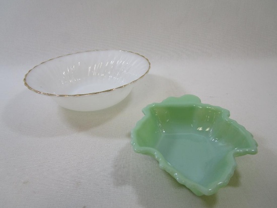 Two Bowls includes Anchor Hocking Fire-King #12 and Fire King Jadeite Leaf Shaped with Small Chip