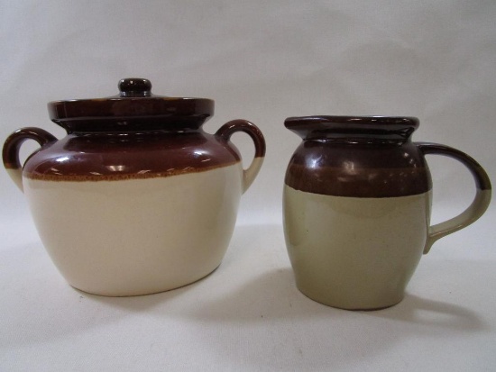 McCoy Pottery USA Large Bean Pot #343 with Lid Paired with Unmarked Stoneware Pitcher
