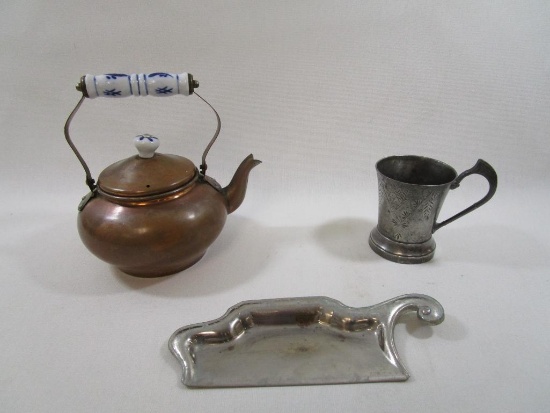 Vintage Copper Teapot with Porcelain Handle, Triple Silver Plate Cup and Silver Crumb Tray