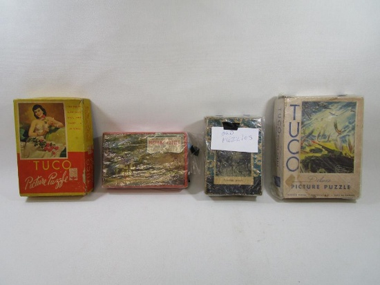 Four Vintage Picture Puzzles with Winter Road, Red Coat Inn and moe
