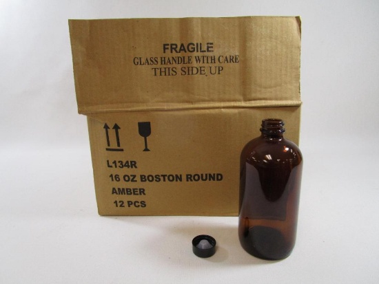 Eleven 16 oz Boston Round Amber Glass Jars with Poly Cone and Metal Caps