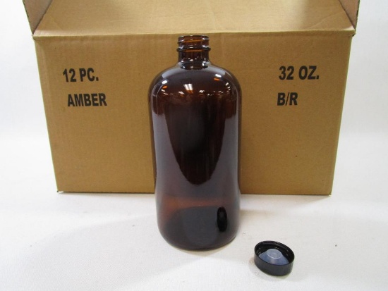Ten 32 oz Round Amber Glass bottles with Poly Seal Cone Caps