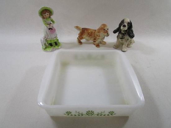 Glasbake 8 inch Milk Glass Green Daisy Baking Pan #5 with Three Ceramic Figurines