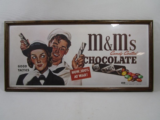 Framed M&M's Chocolate Reprint, WW II Navy 1942 Advertisement, 1987 Reprint approx 13 X 28 inches