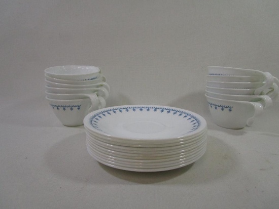 Corelle Livingware Cups and Saucers, 12 Cups and 11 Saucers, White with Blue Snow Flake Pattern