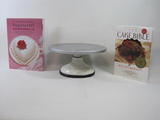 Rotating Fat Daddio's Cast Metal Cake Stand with Cake books