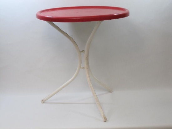 Vintage Metal Table with Red Top and White Legs, approx 24 inches in diameter and 26 inches high