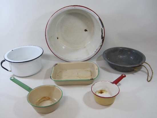 Six Enamelware Pots Pans, great for plant holders