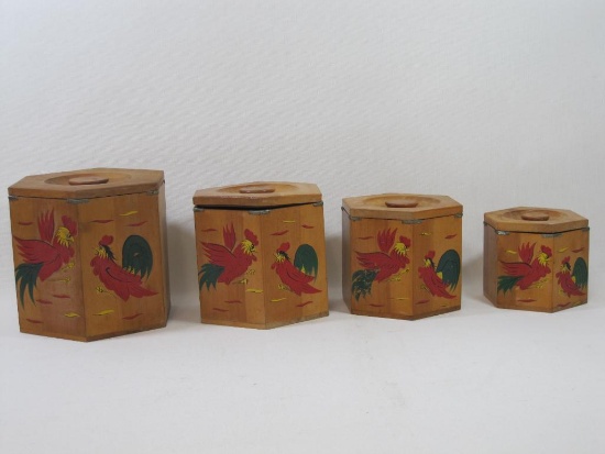 Four Piece Bryson's Original Wood Canister Set, Handmade in Japan, Hand Painted with Roosters