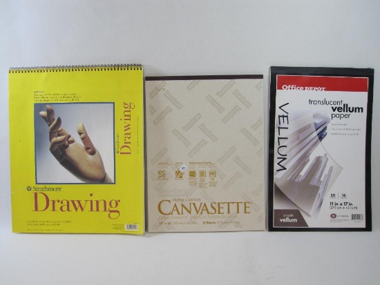Three Art Drawing Pads, Vellum 11 X 17, Paper Canvas 12 X 16, Medium Weight Paper 14 X 17
