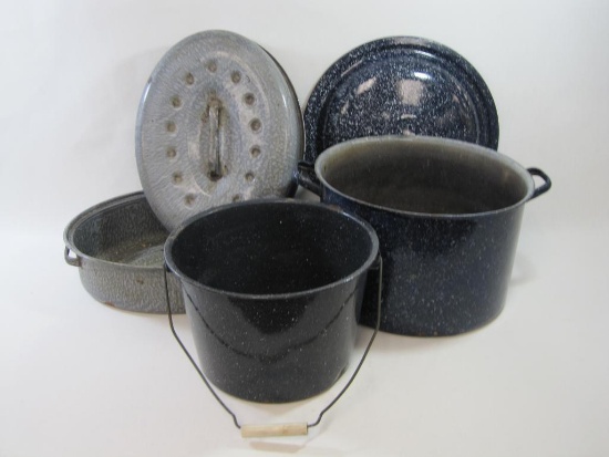 Three Enamelware Pieces includes 17 inch Roasting Pan and Cover, 13.5 inch Stock Pot, Pail with Wire