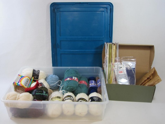 Variety of Yarn with Knitting Needles in Sterilite 28 Quart Storage Box, Includes Wool, Wool Blends