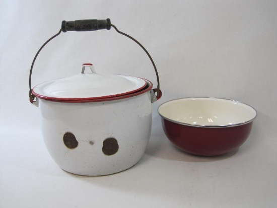 Enamel Red and White Stock Pot with Wire Handle and Lid, Stainless Steel Edge Mixing Bowl approx 9