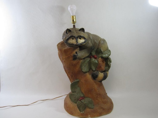 Large Figural Raccoon on Stump Chalkware Lamp, approx 30 inches Tall, 14 Wide