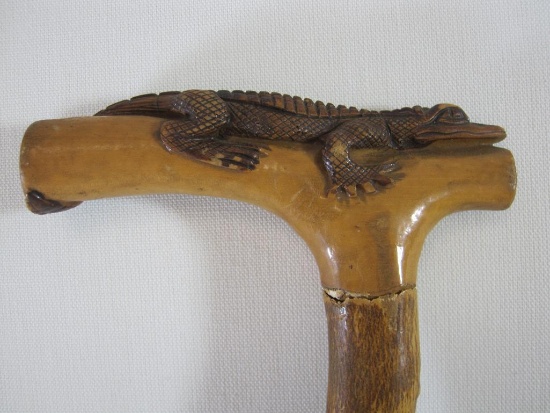 Carved Wood Cane with Aligator Embelished Handle, 36 inches Tall