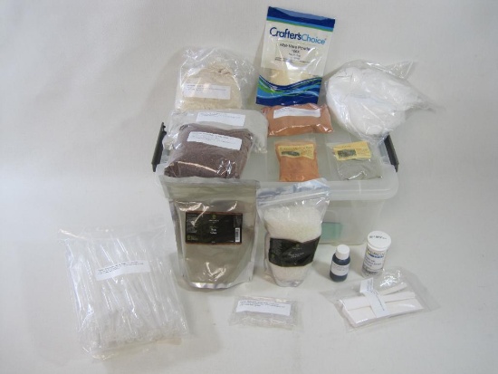 Soapmaking Supplies in Iris Storage Tote includes Aloe Vera Powder, Dead Sea Salt and more