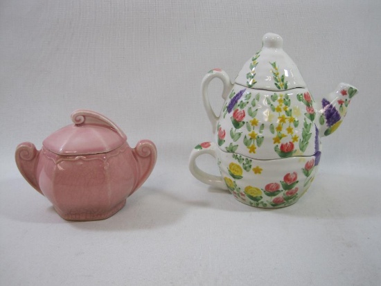 Primrose Lane Bella Casa by Ganz Teapot and Cup with W.S. George China Pink Sugar Bowl 1328