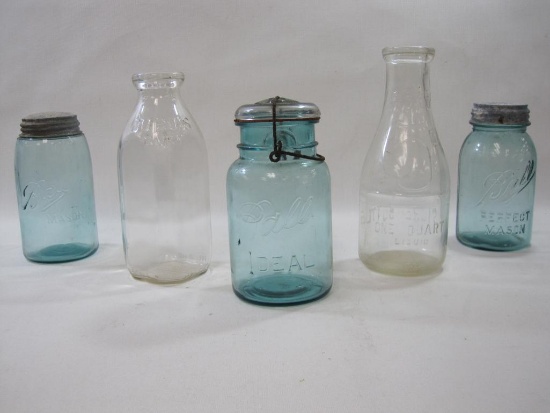 Five Vintage Bottles includes Three Ball Jars , 5 Cent Store Milk Bottle and Du Bois Dairy Milk