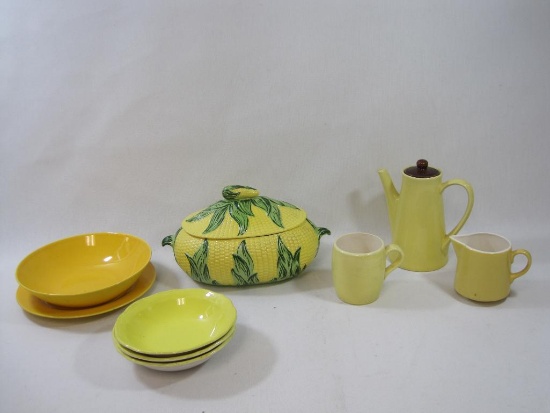 Yellow Ceramic Dishware Assortment Includes Corn Bowl, Teapot, Creamer, Dishes and Bowls, Contents