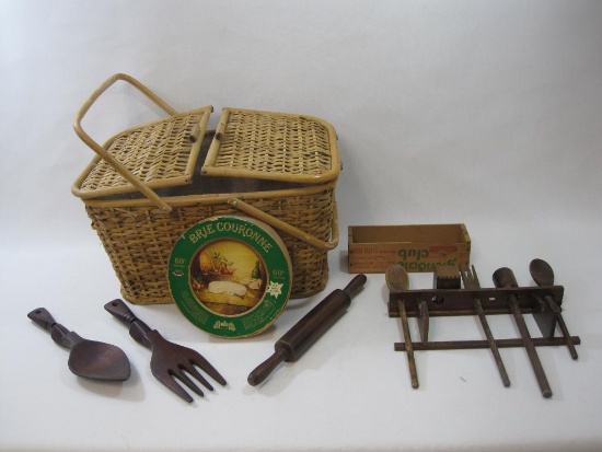 Ratan Picnic Basket with Wooden Cheese Boxes, Wood Kitchen Utensils on Rack and Wood Salad Fork and