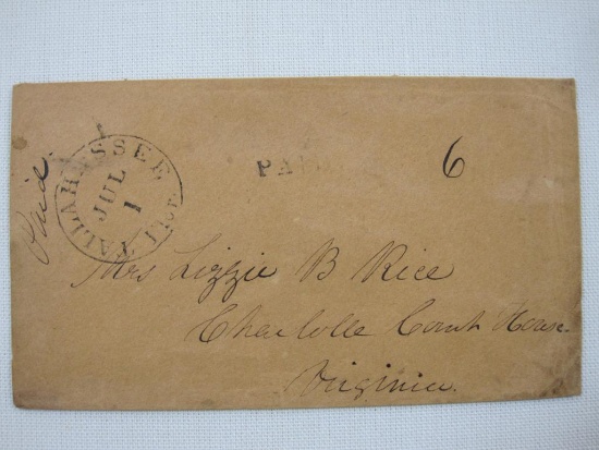 Stampless Cover Tallahassee FL to Charlotte Court House VA, July 1, Black PAID 6