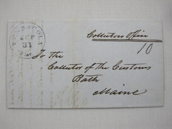 Stampless Cover Pensacola FL to Bath ME, Sept 31 1845, Black, 10 in Manual Script (MS)