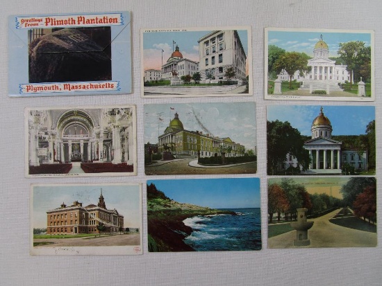 Eight Postcards includes Boston Mass. Simmons College 1907, State House and Hooker Monument 1908 and