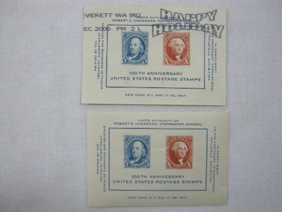 100th Anniversary US Postage Stamps 1947 Souvenir Card, 5 and 10 Cent, Scott #948