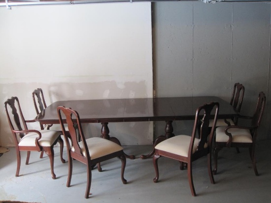 Two Pedestal Expandable Dining Room Table and Six Chair, Two Captains Chair - shown with three