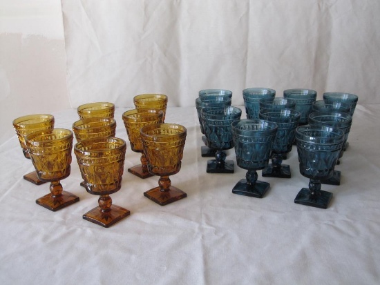 Amber and Turquoise Glass Footed Chalices Glasses, 8 Amber and 12 Turquoise