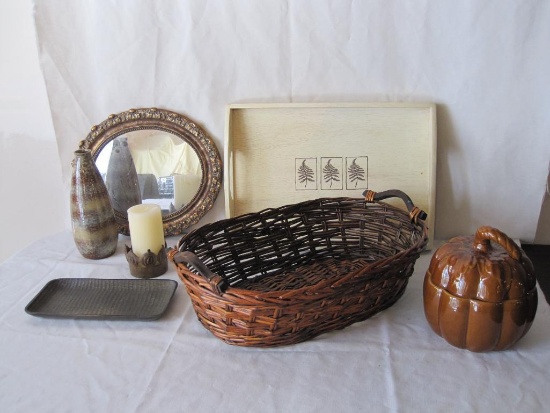 Wood Tray, Handled Basket and Other Decorative Items