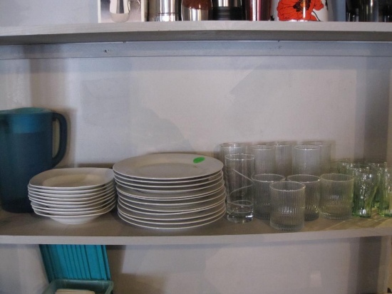 12 White Plates, 9 Soup Bowls, Blue Plastic Pitcher, Coca Cola Glasses and more