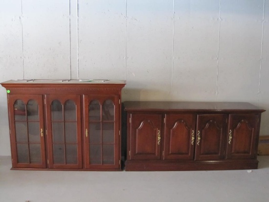 Two Piece Cabinet Set, Top Piece with Three Doors, Bottom has silverware tray, and other storage,