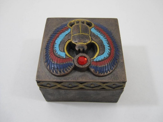 Egyptian Winged Scarab Resin Trinket Box, 9 oz