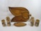 Two Wood Leaf Pattern Trays with Six Bamboo Pattern Wood Tumblers