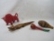 Decorative Items Includes Two Gourd Shakers, Carved Wood Slinky AlliGator, and Ceramic Red Bull