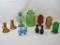 Colored Glass Assortment Includes Oil Lamp, Footed Candle Holders, Blue Shot Glasses, Green Canister