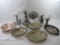Assortment of Pewter and Silverplate Serving Dishes, Candle Holders, Creamer, Spoon and more
