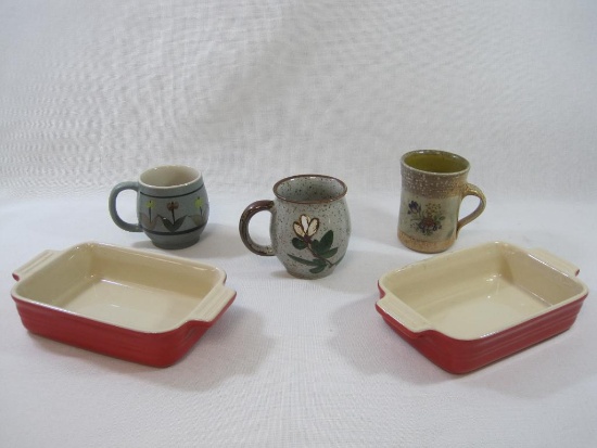 Five Stoneware Items Includes 3 Coffee Mugs and 2 Le Creuset 10-31 Red Rectangular Baking Dishes