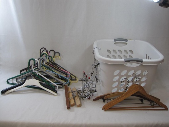 Laundry Basket, White Square Sterilite, With Metal, Plastic, and Wood Garment Hangers