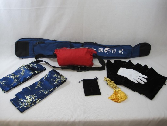 Bag and Pouch Assortment, Jacket in Belt Pouch, Velvet Draw String Pouches, Gold Tassel Cords and