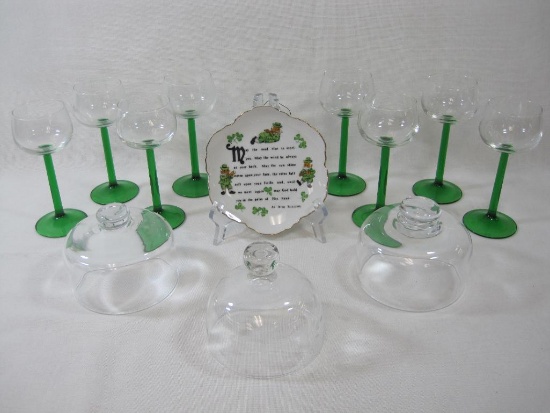 Eight Green Stem Wine Glasses, Made in France, with Three Glass Horderves Plate Covers and Irish
