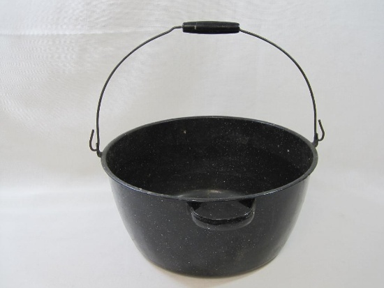 Large Enamelware Kettle, Blue with White Specks, Wood and Wire Handle
