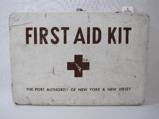Metal First Aid Kit with Bandages as Pictured, Wall Hanging