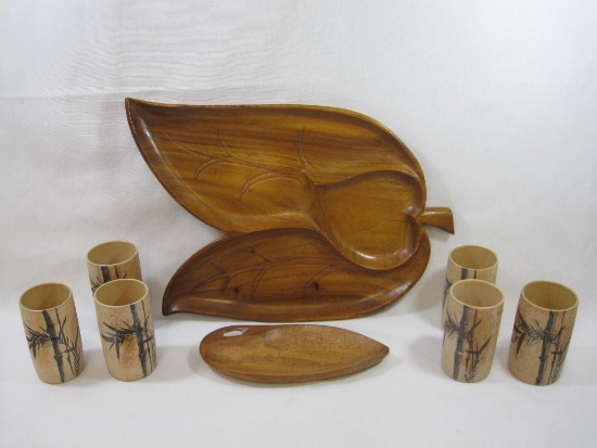 Two Wood Leaf Pattern Trays with Six Bamboo Pattern Wood Tumblers
